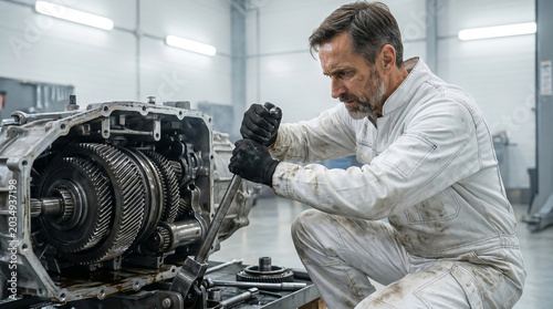 Mechanic Carefully Inspecting and Working on Large Vehicle Transmission Gearbox Inside Industrial Workshop