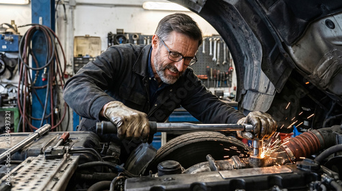 Mechanic performing welding repair work on car engine under hood in auto repair workshop