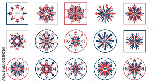 Red White Blue Geometric Starbursts and Snowflakes Collection