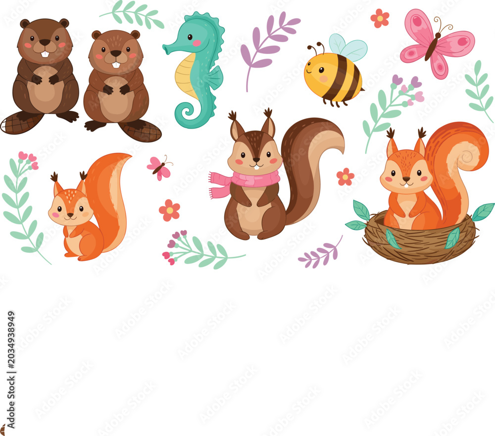 Fototapeta premium Cute Mixed Animal Vector Element Set with Cartoon Woodland Squirrels Beavers Honeybee Butterfly Nest and an Ocean Seahorse for Kids Graphic Designs