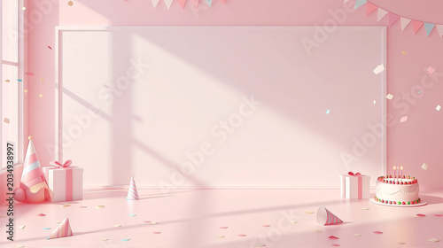 Pink birthday party room interior with empty whiteboard cake and gift boxes
