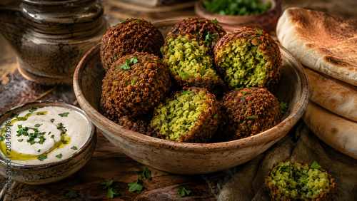 Fried chickpea balls in wooden bowl with fresh herbs and yogurt dip on rustic table