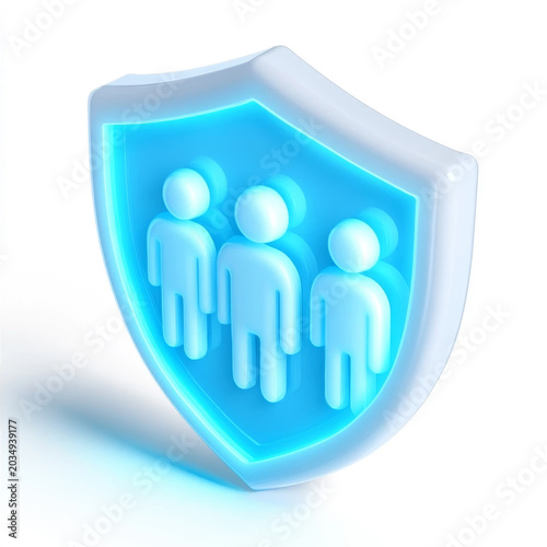 3D rendering of a blue security shield with human silhouettes, concept of privacy protection and social insurance isolated on white