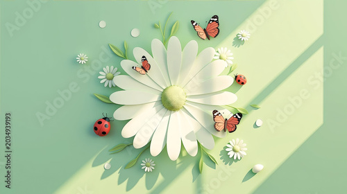 Beautiful 3D render of a white daisy with butterflies and ladybugs on a pastel green background with sunlight shadows
