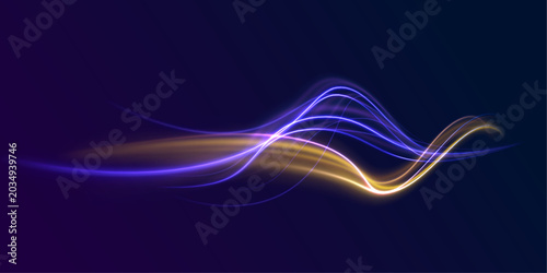 Sparkling white dust particles float around glowing curved lines, creating magical abstract motion in deep space.