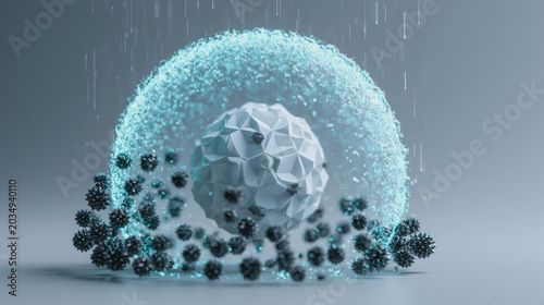 3D rendered conceptual illustration of a protective energy shield blocking viruses and bacteria from attacking a white cell or core