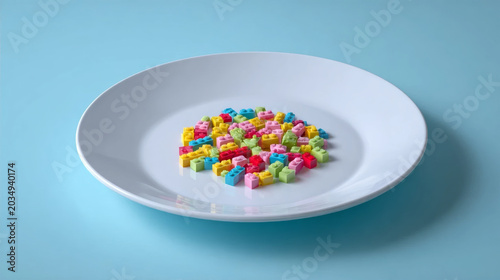 Colorful plastic building blocks served on a white ceramic plate against a light blue background, conceptual still life photography