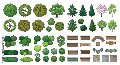 Tableau sur toile Trees Benches And Stone Elements Vector Illustration On White Background
