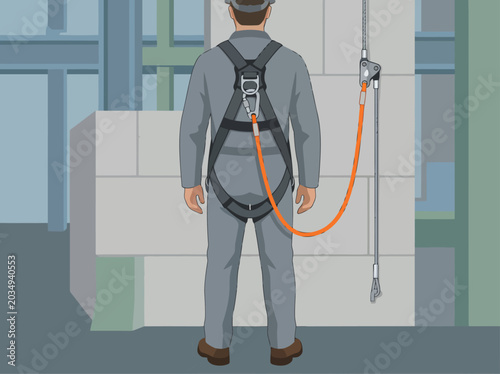 Schilderij op canvas A construction worker wears a full body harness and dorsal D-ring lanyard while working on a building