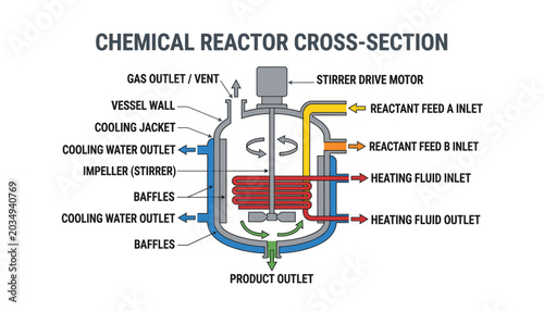 Foto Educational diagram of an industrial chemical reactor with labeled inlets, baffles, and cooling system