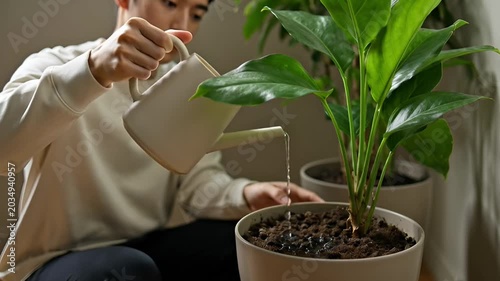 Person tending to potted plant indoors with neutral background