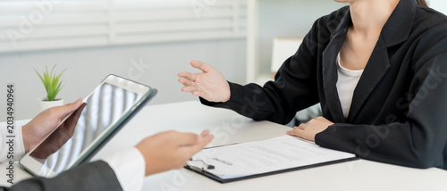 Obraz na plátne business woman explain application documents and resume for match the position