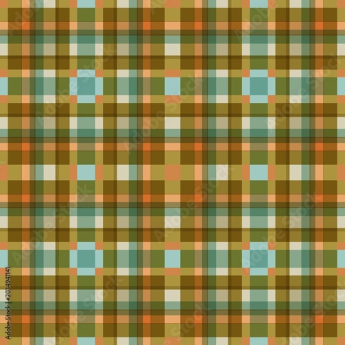 Seamless retro plaid pattern with brown, green, and orange stripes.