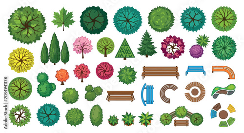 Bilde på lerret Trees And Park Elements Vector Illustration With White Background