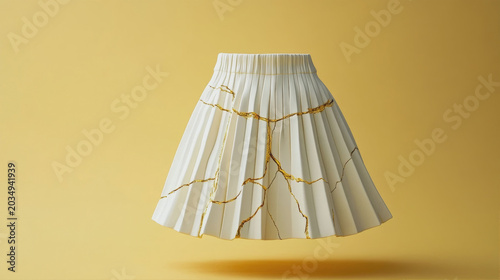 White pleated skirt with golden Kintsugi cracks floating on yellow background creative fashion art