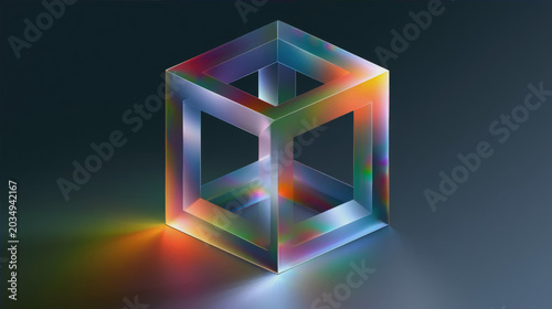 Abstract 3D iridescent glass cube with rainbow light refraction on a dark background, futuristic minimalist geometric digital art