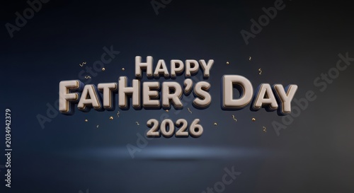 Happy father day 2026 playful three dimensional white and gold bubbles text with confetti on dark background.
