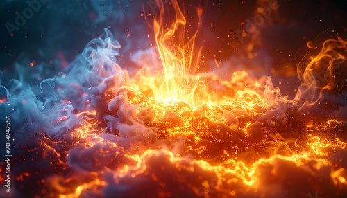 Vibrant orange and yellow flames rising with smoke on dark background, realistic 3D render