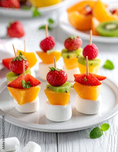 Colorful fruit skewers with strawberries and oranges.