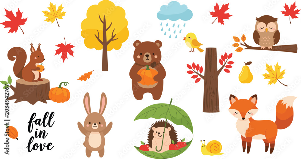 Fototapeta premium Cute Autumn Woodland Animal Vector Element Set with Cartoon Fox Bear Owl Squirrel Hedgehog and Fall Leaves for Thanksgiving Greeting Card Designs