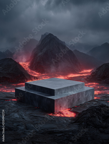 Dark Volcanic Podium with Lava Landscape Fantasy Background