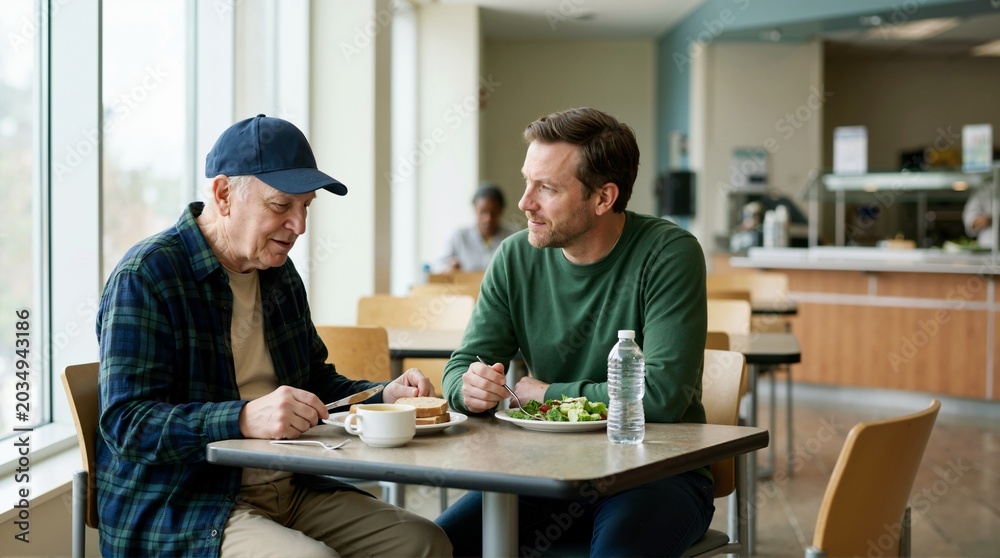 Fototapeta premium Elderly man and adult son eating lunch together in a hospital cafeteria. Supportive family sharing a meal and conversation during cancer treatment. Healthcare and caregiving concept