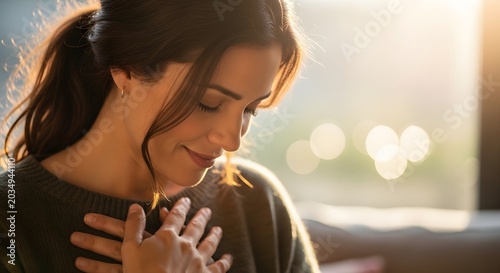 Peaceful young woman with hands on heart smiling gently in warm sunset light.