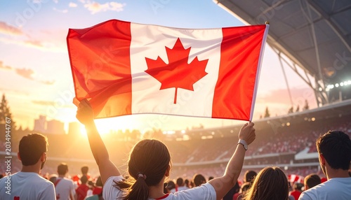Soccer supporter cheering with flag of Canada at the World Cup