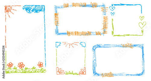 Pastel doodle square crayon frames with rough pencil texture and playful childish kindergarten style.