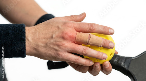 Pickleball Hand Injury: Player's Bandaged Finger & Pain Holding Ball & Paddle for Sports Recovery & Wellness