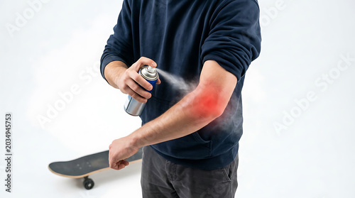 Sports Injury Pain Relief Spray: Elbow Treatment for Active Lifestyles. First Aid for Muscle Pain & Skateboard Accident Recovery.