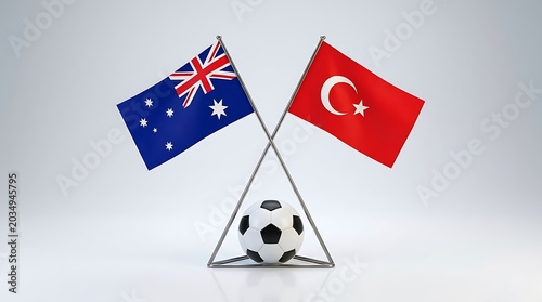 Soccer ball between australian and turkish flags on white background