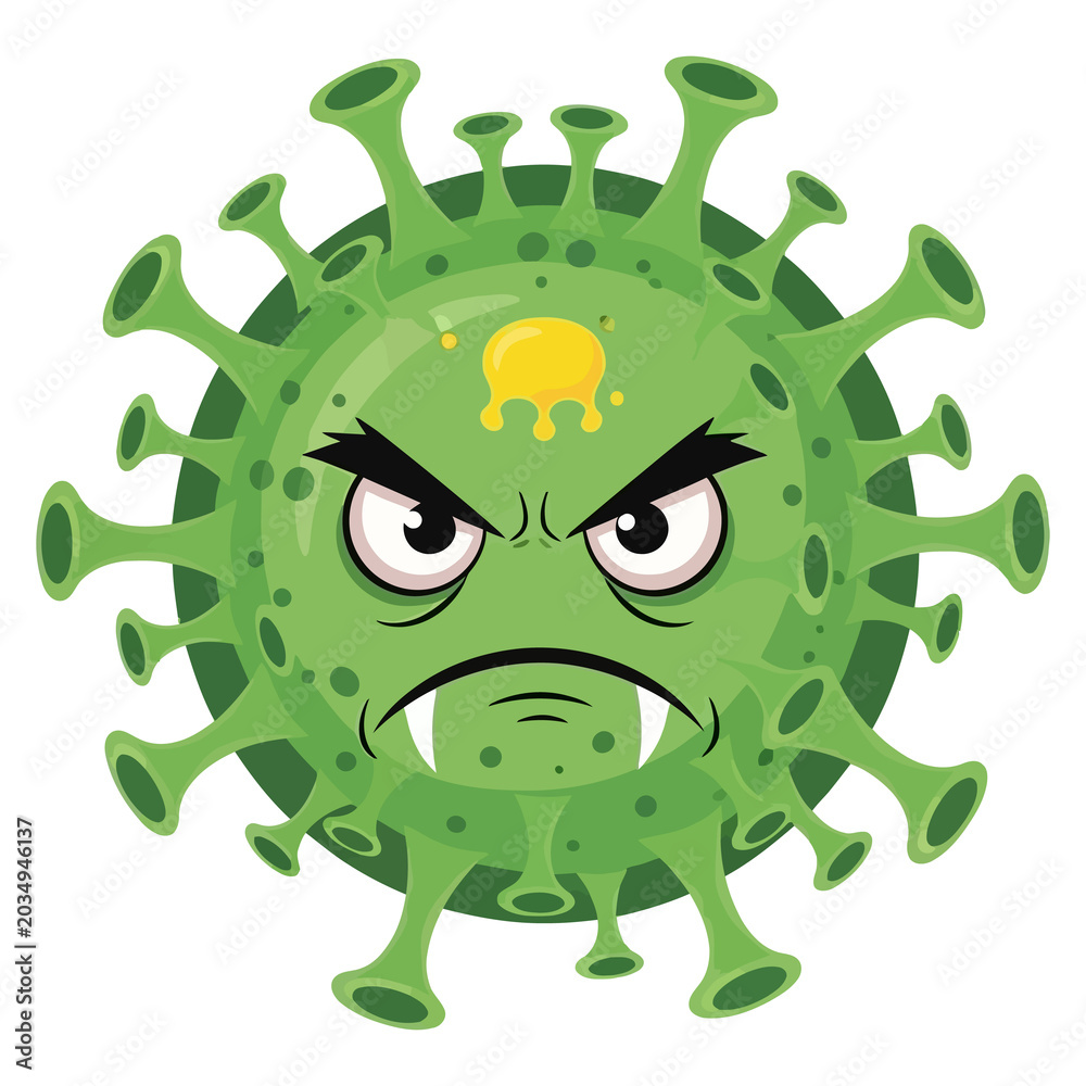 Fototapeta premium Angry green cartoon virus with sharp teeth and spiky protrusions, yellow droplet on head