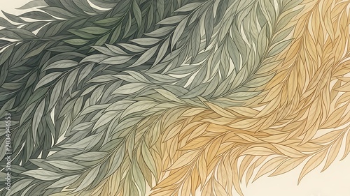 A layered willow leaf ribbon gradient illustration background blending moss gray into pale honey