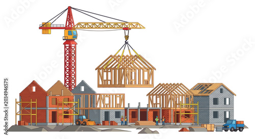 Foto Construction site with crane lifting house frame vector illustration