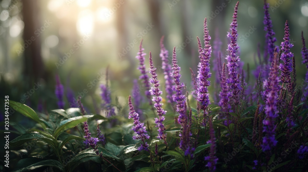 Fototapeta premium Purple salvia flowers blooming in a sunny forest garden. Vibrant meadow plants in soft morning light. Botanical nature backdrop, spring season growth and tranquil floral scenery.