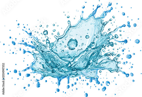 Fotografía Dynamic Blue Water Splash Crown with Droplets and Bubbles Isolated on White Back