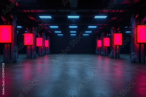 Dimly lit gaming arena with glowing red panels creates an intens