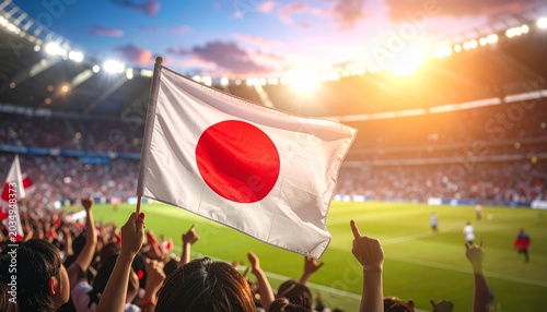 Soccer supporter cheering with flag of Japan at the World Cup