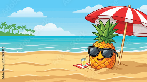 Vector illustration of a cheerful pineapple relaxing on a sunny beach with sunglasses and umbrella