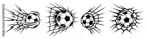Foto Football hitting goal net with dynamic motion lines vector set