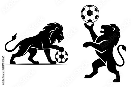 Tablou pe pânză Lion mascot playing with a soccer ball in powerful black and white vector style