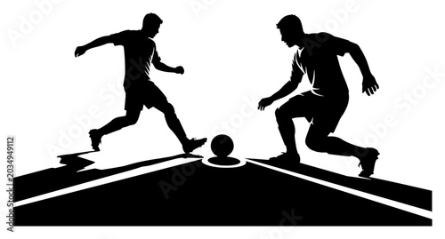 Foto Soccer players fighting for ball on pitch in minimalist silhouette vector style