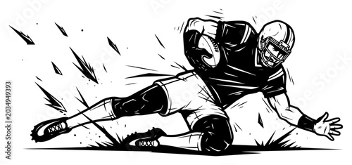 Tableau sur toile American football player diving with ball in dynamic black and white illustratio