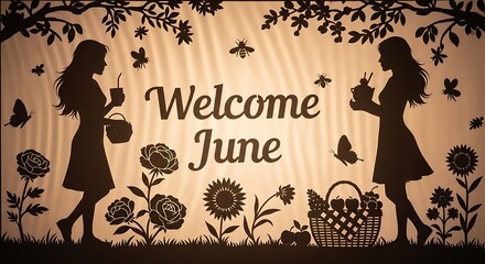 Welcome June greeting card with floral wreath and butterflies.