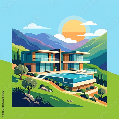 Modern Luxury Villa with Infinity Pool in Mountain Landscape Illustration