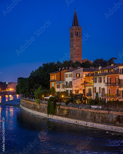 Konstfotografi The Adige River coastline night view in Verona City of Italy