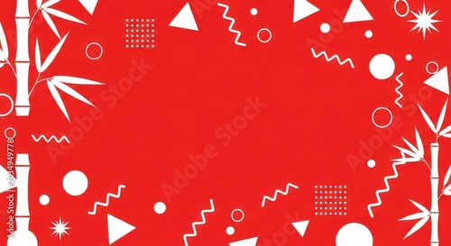 Red background with white abstract shapes bamboo leaves and geometric patterns.