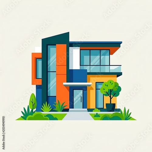 Modern Minimalist Two-Story House Illustration in Flat Design Style