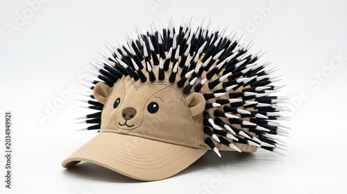 Hedgehogthemed baseball cap with black and white spikes isolated on white background